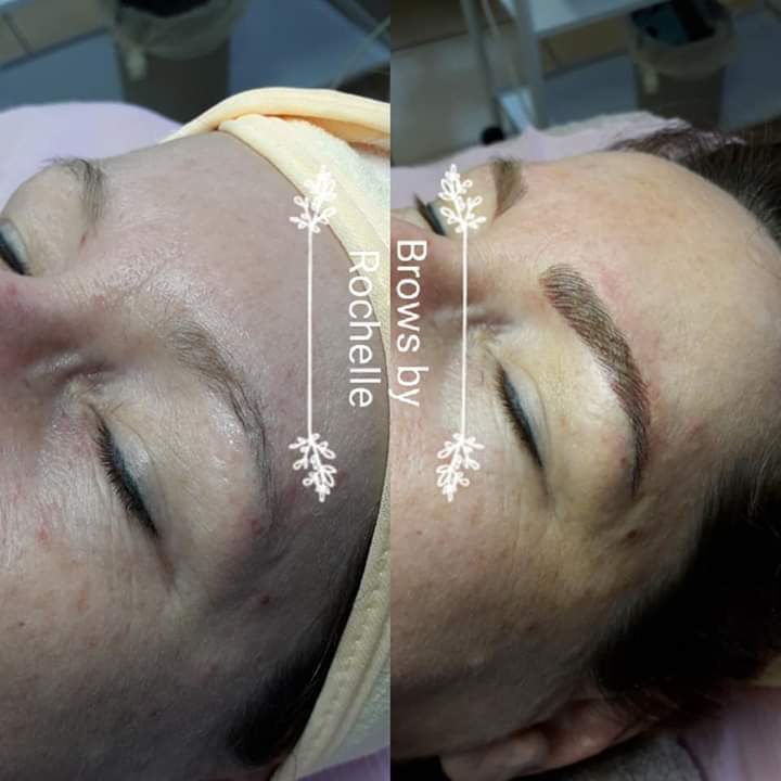 Before and after microblading by Rochelle — sparse brows transformed into full, defined hair strokes